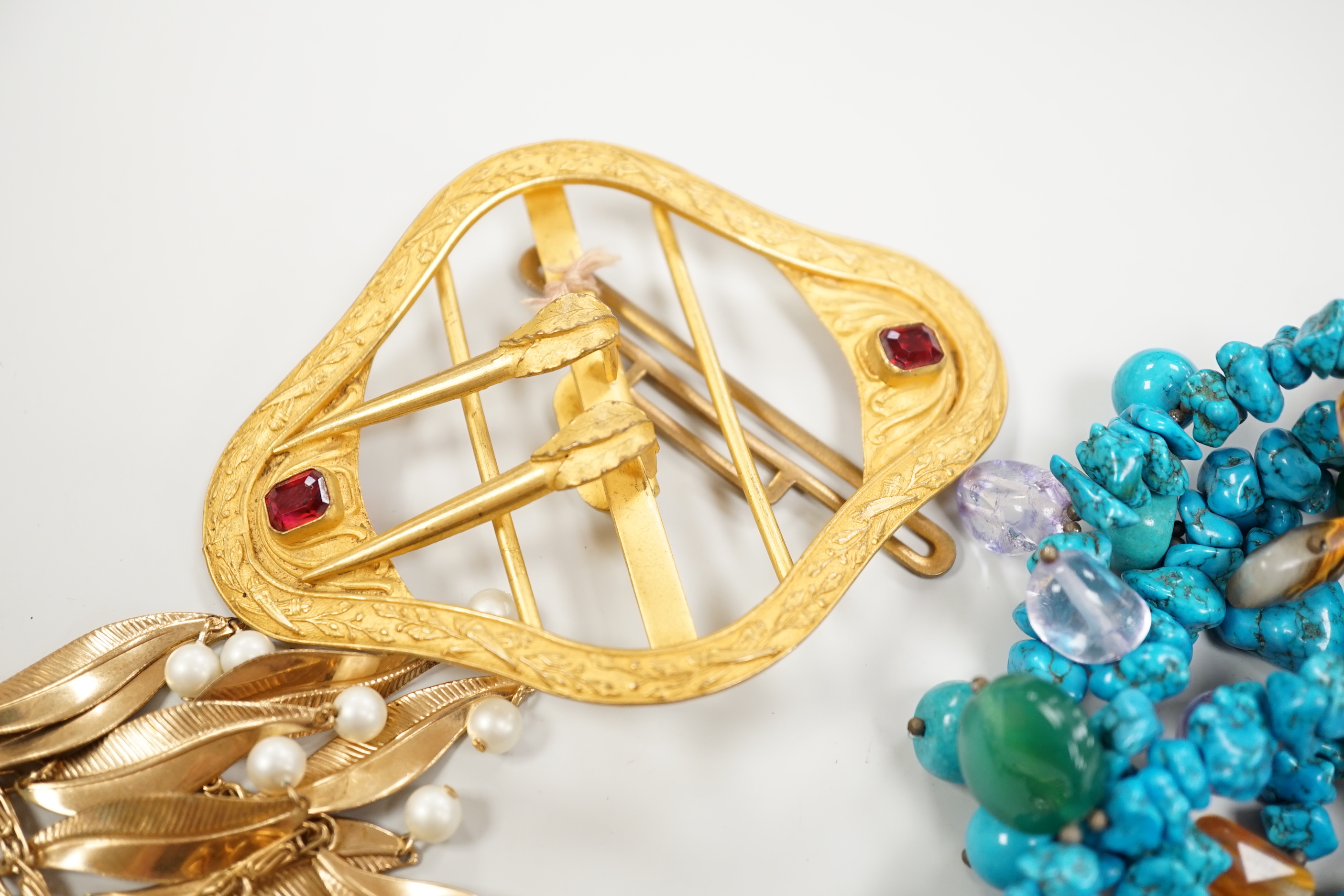 Assorted costume and other jewellery including antique buckle, paste jewellery, silver medallion etc.